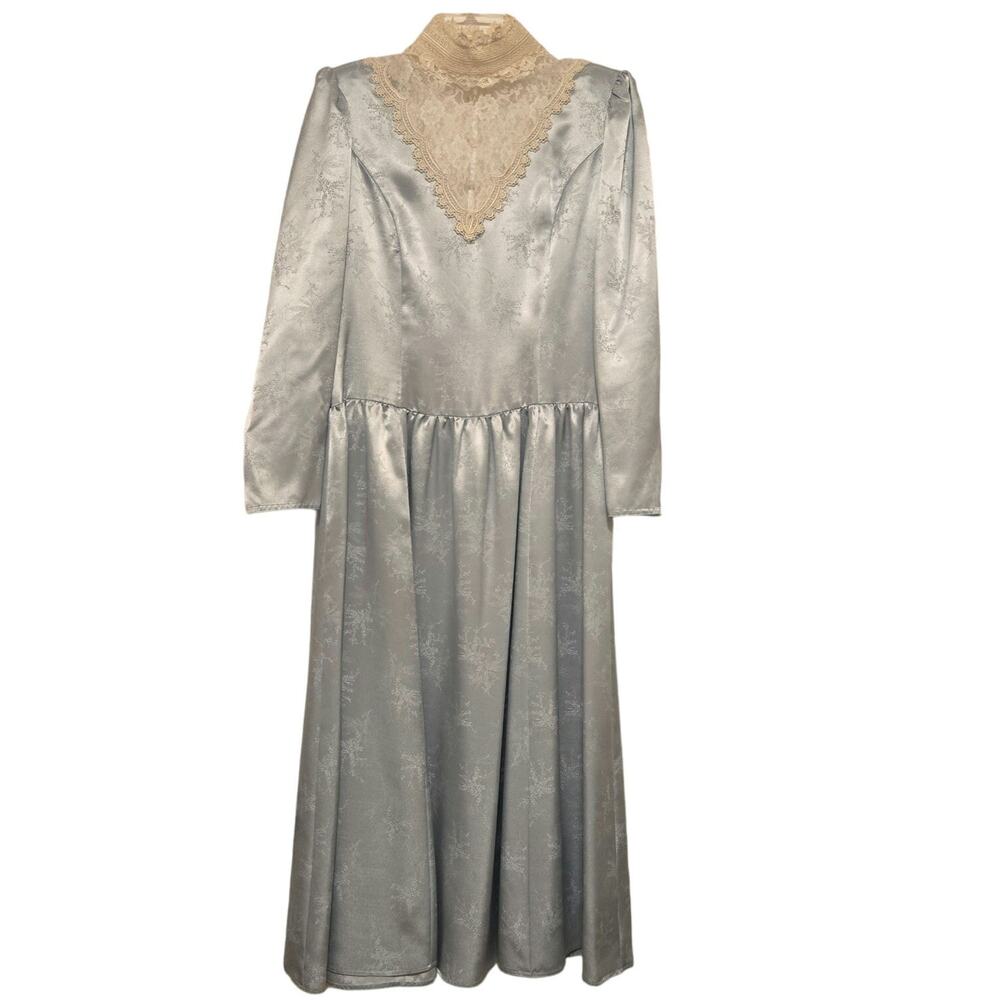 ~Sz 10 SCOTT MCCLINTOCK VINTAGE 80s Pale Blue Satin Brocade Prairie Midi Dress